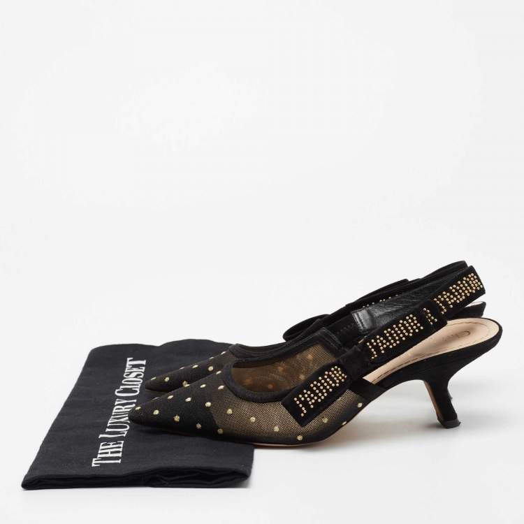 Pre Owned Dior Black Mesh And Suede J'adior Studded Pointed Toe Slingback Sandals Size 37