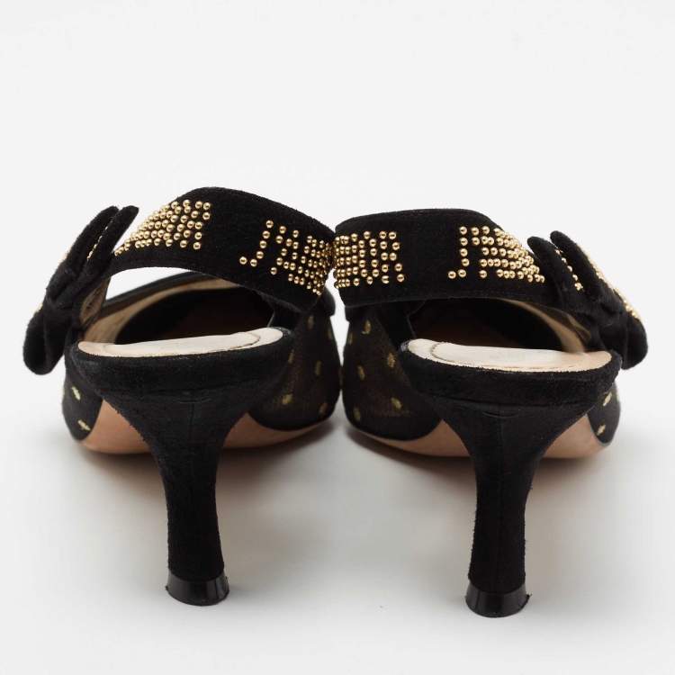 Pre Owned Dior Black Mesh And Suede J'adior Studded Pointed Toe Slingback Sandals Size 37