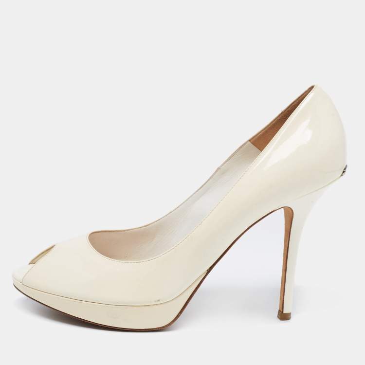 Pre Owned Dior Off-White Patent Leather Miss Dior Peep-Toe Platform Pumps Size 41
