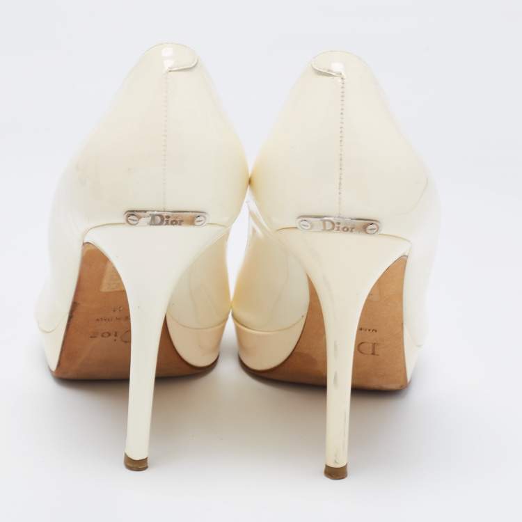 Pre Owned Dior Off-White Patent Leather Miss Dior Peep-Toe Platform Pumps Size 41