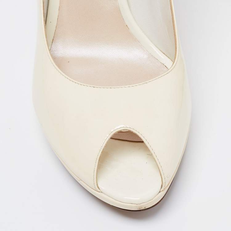 Pre Owned Dior Off-White Patent Leather Miss Dior Peep-Toe Platform Pumps Size 41