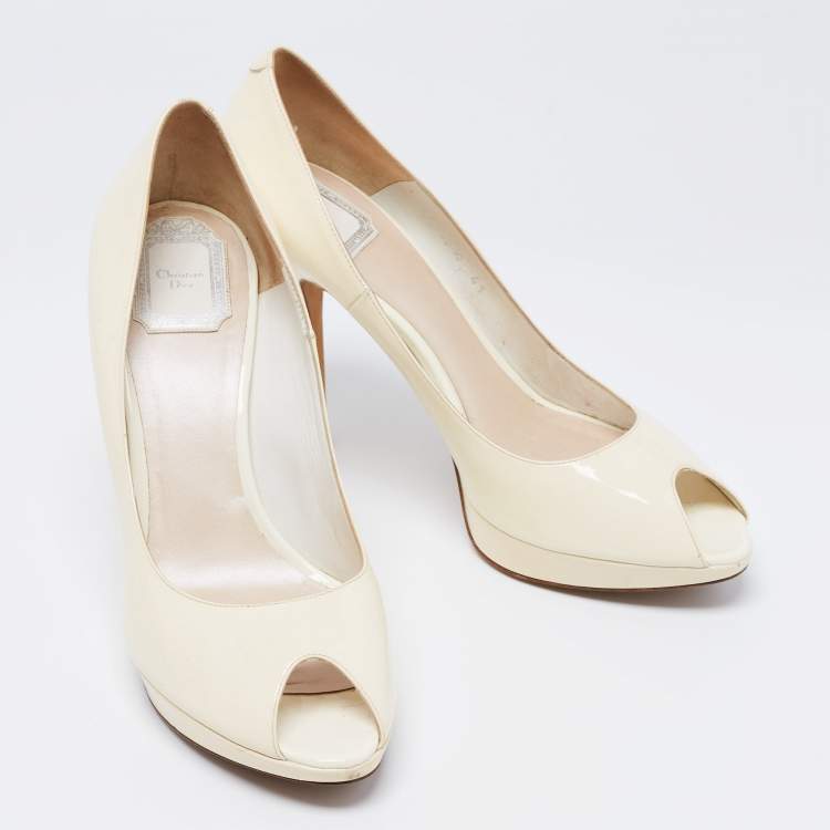 Pre Owned Dior Off-White Patent Leather Miss Dior Peep-Toe Platform Pumps Size 41