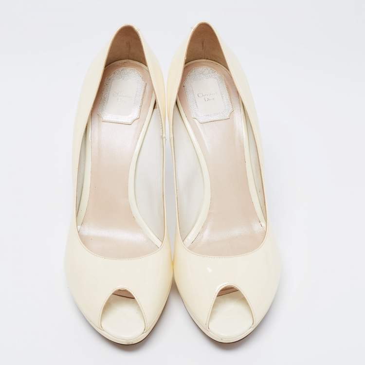 Pre Owned Dior Off-White Patent Leather Miss Dior Peep-Toe Platform Pumps Size 41