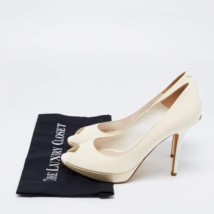 Pre Owned Dior Off-White Patent Leather Miss Dior Peep-Toe Platform Pumps Size 41