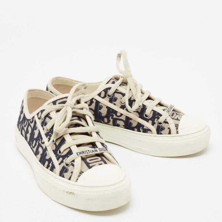 Pre Owned Dior White/Deep Blue Oblique Canvas Walk'n'Dior Low Top Sneakers Size 37