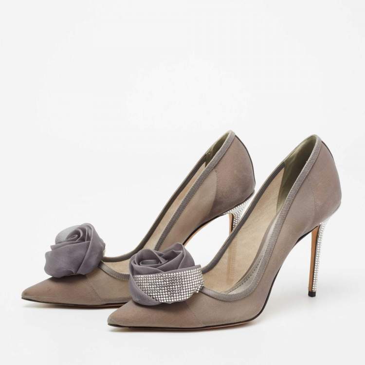 Pre Owned Dior Grey Mesh Embellished Rose Applique Pumps Size 39.5