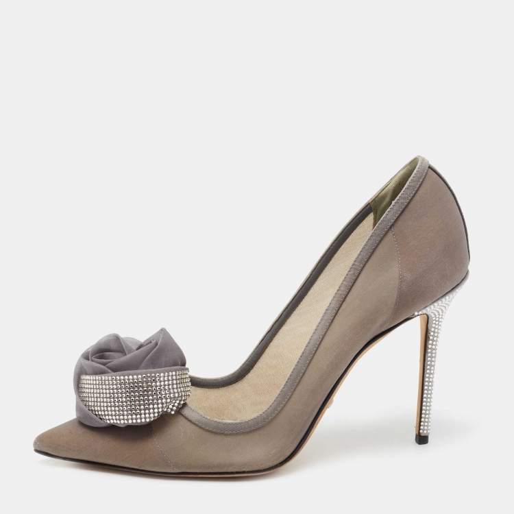 Pre Owned Dior Grey Mesh Embellished Rose Applique Pumps Size 39.5