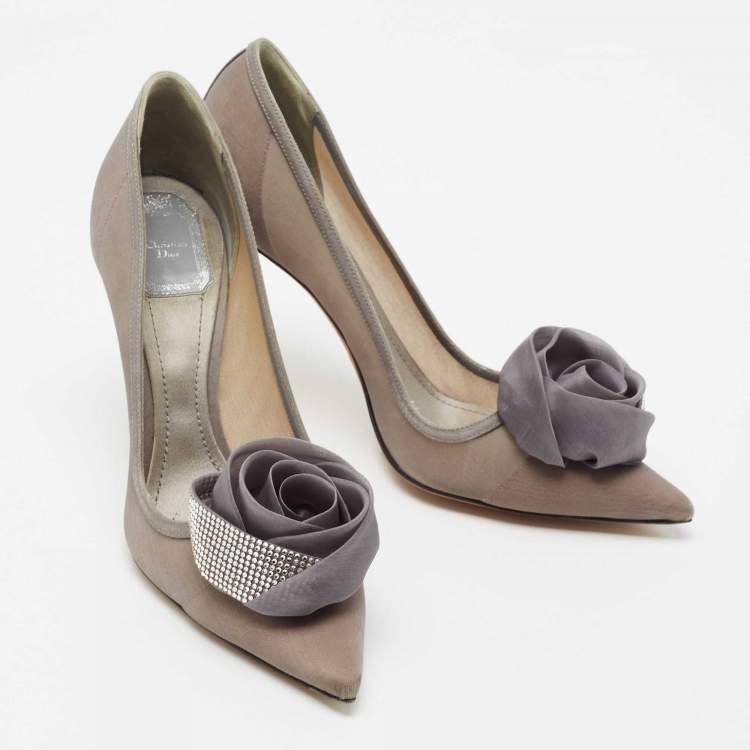 Pre Owned Dior Grey Mesh Embellished Rose Applique Pumps Size 39.5