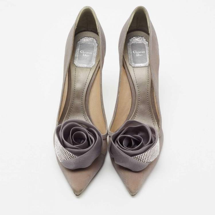 Pre Owned Dior Grey Mesh Embellished Rose Applique Pumps Size 39.5