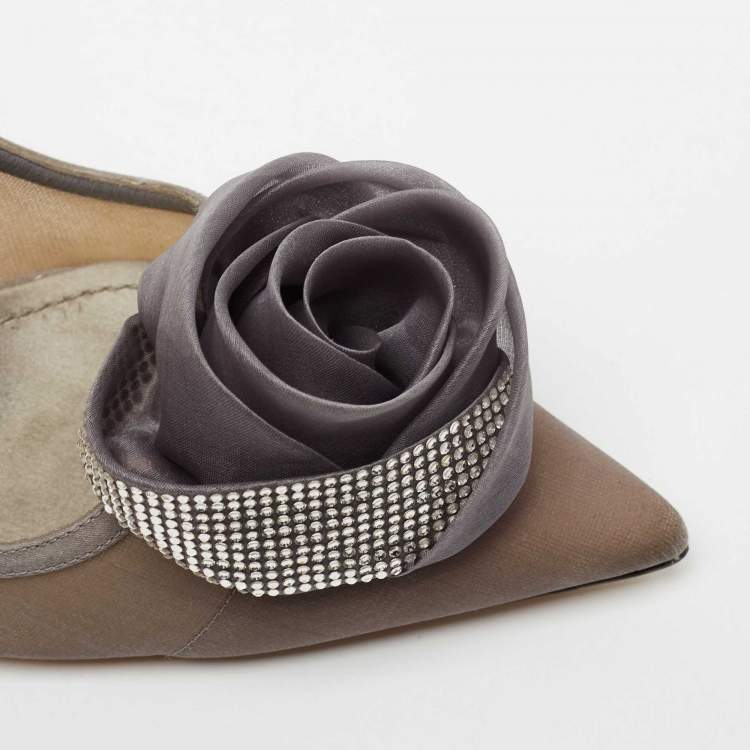 Pre Owned Dior Grey Mesh Embellished Rose Applique Pumps Size 39.5