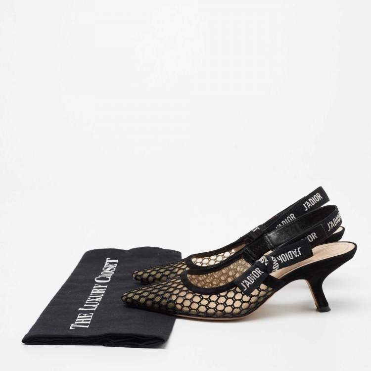 Pre Owned Dior Black Net and Suede Trim J'Adior Slingback Pumps Size 36.5