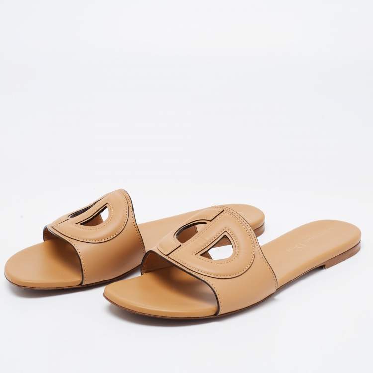Dior Beige Leather D-Club Flat Slide Sandals Size 38.5 Dior | TLC