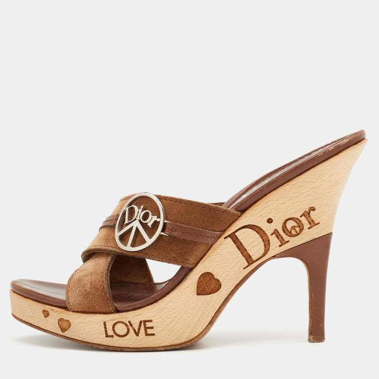 Pre Owned Dior Brown Suede and Leather Cross Strap Wooden Platform Mules Size 38
