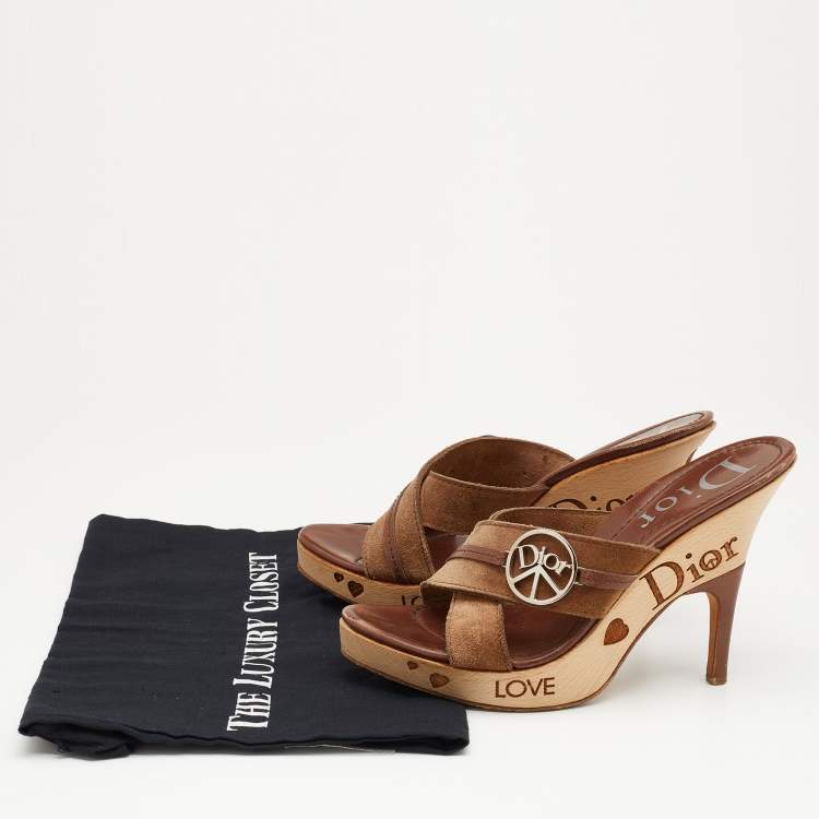 Pre Owned Dior Brown Suede and Leather Cross Strap Wooden Platform Mules Size 38