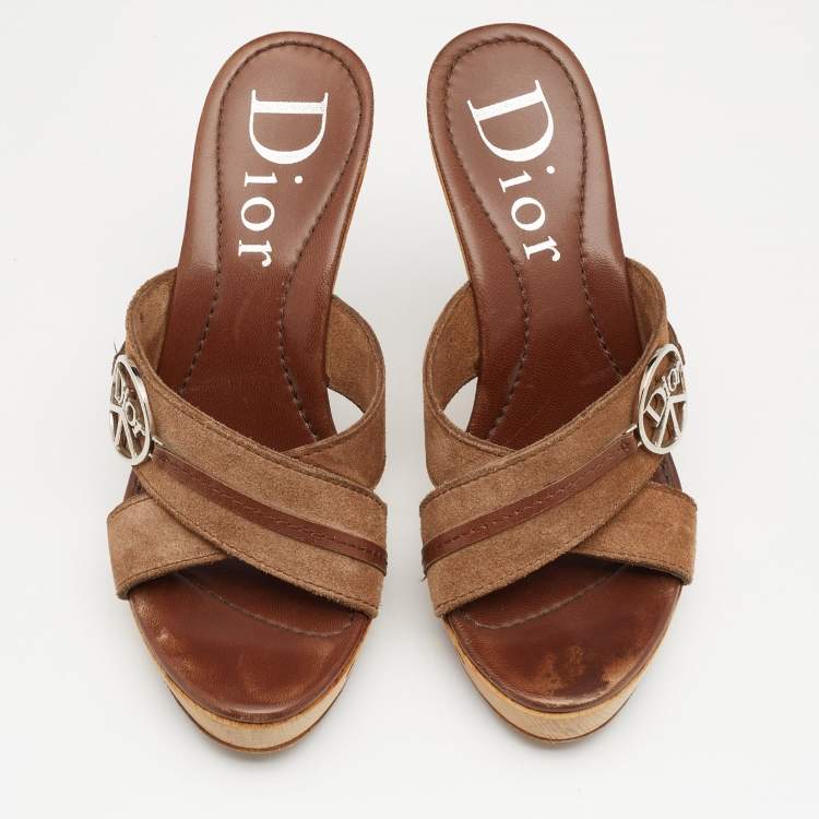 Pre Owned Dior Brown Suede and Leather Cross Strap Wooden Platform Mules Size 38