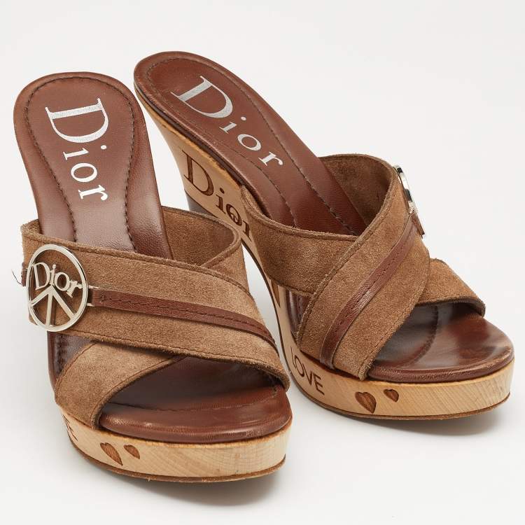 Pre Owned Dior Brown Suede and Leather Cross Strap Wooden Platform Mules Size 38