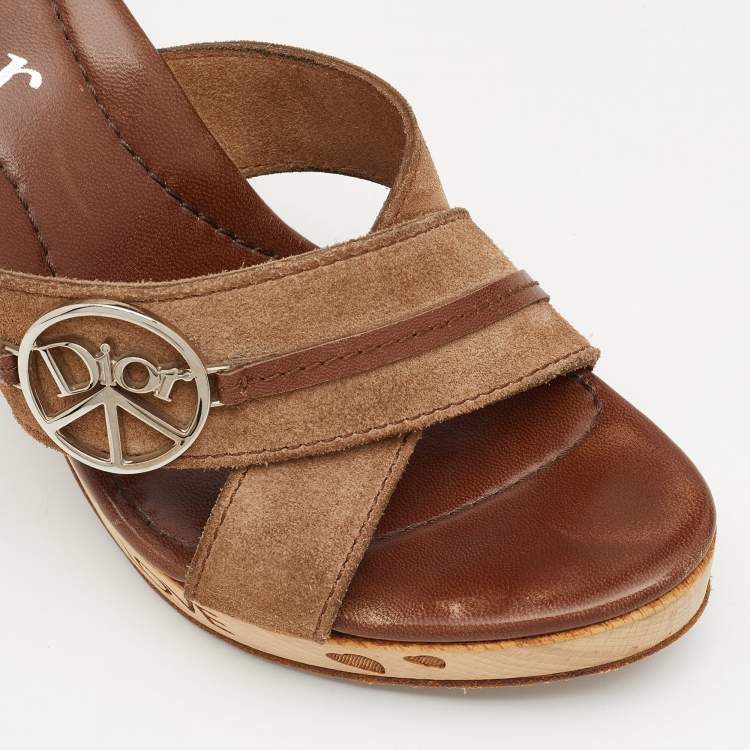 Pre Owned Dior Brown Suede and Leather Cross Strap Wooden Platform Mules Size 38