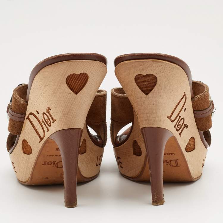 Pre Owned Dior Brown Suede and Leather Cross Strap Wooden Platform Mules Size 38