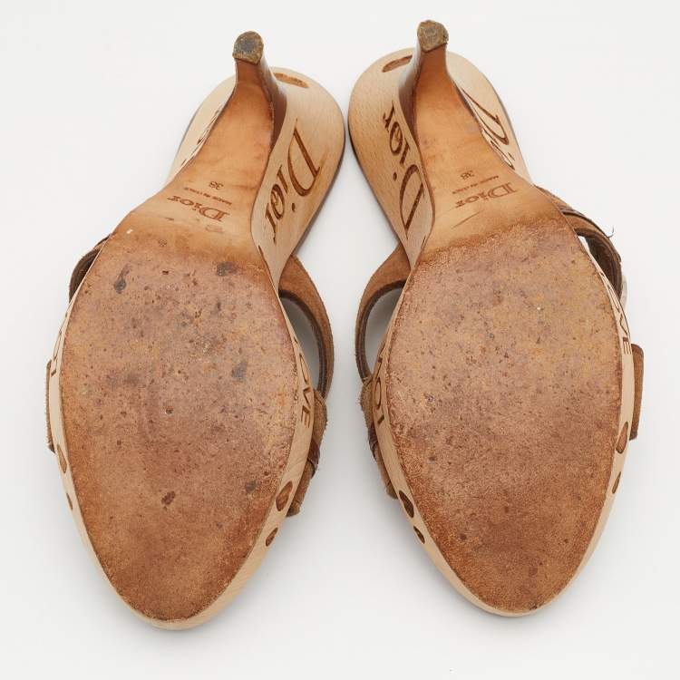 Pre Owned Dior Brown Suede and Leather Cross Strap Wooden Platform Mules Size 38
