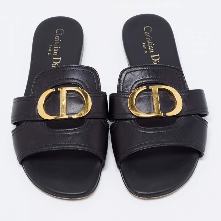 Pre Owned Dior Black Leather Montaigne Slide Sandals Size 36.5