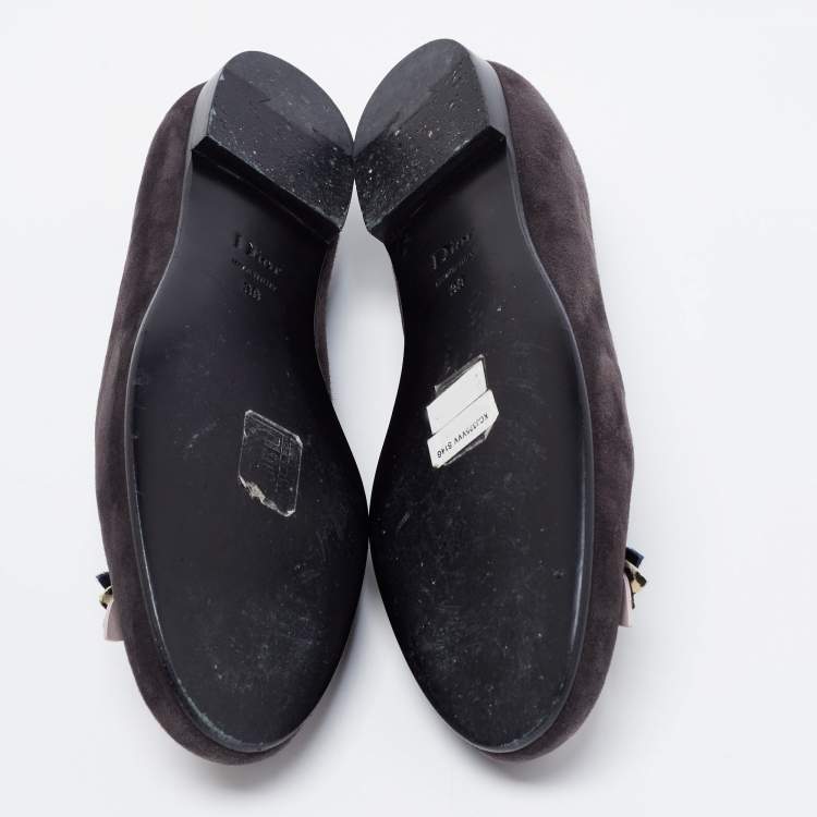 Pre Owned Dior Dark Grey Suede Butterfly Embellished Smoking Slippers Size 38