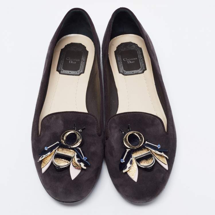 Pre Owned Dior Dark Grey Suede Butterfly Embellished Smoking Slippers Size 38