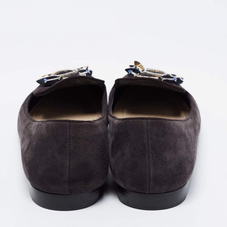 Pre Owned Dior Dark Grey Suede Butterfly Embellished Smoking Slippers Size 38