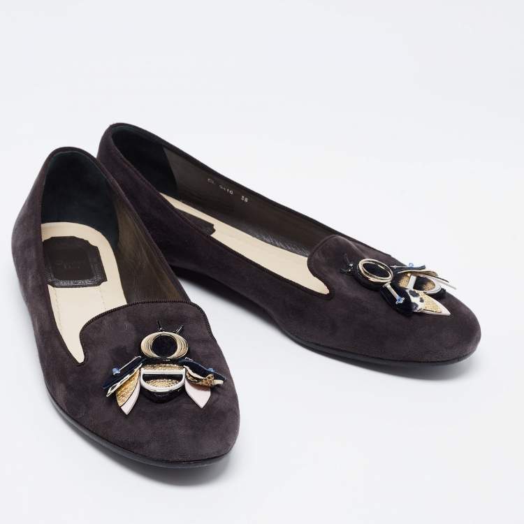 Pre Owned Dior Dark Grey Suede Butterfly Embellished Smoking Slippers Size 38