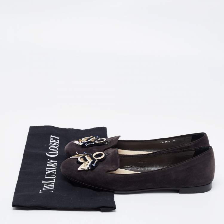 Pre Owned Dior Dark Grey Suede Butterfly Embellished Smoking Slippers Size 38