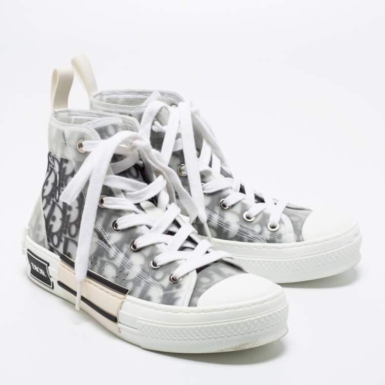 Pre Owned Dior White/Grey Mesh, PVC, Rubber and Oblique Canvas B23 High-Top Sneakers Size 37.5