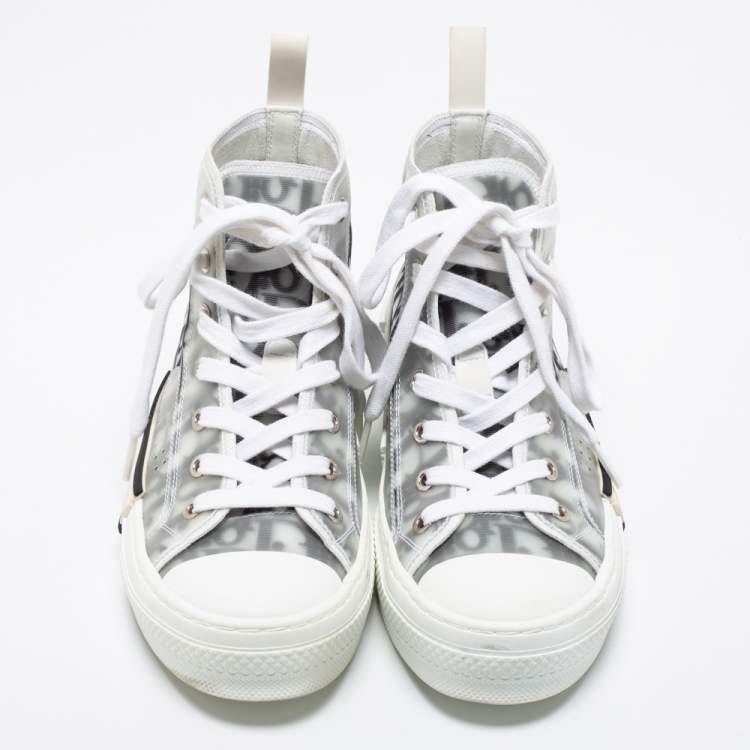 Pre Owned Dior White/Grey Mesh, PVC, Rubber and Oblique Canvas B23 High-Top Sneakers Size 37.5