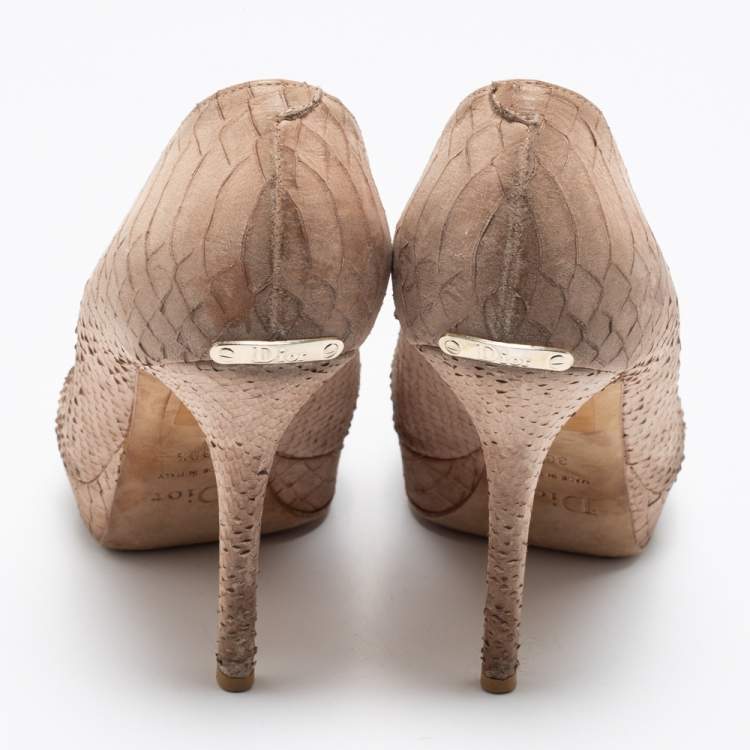 Pre Owned Dior Beige Python Embossed Leather Miss Dior Peep Toe Pumps Size 38.5