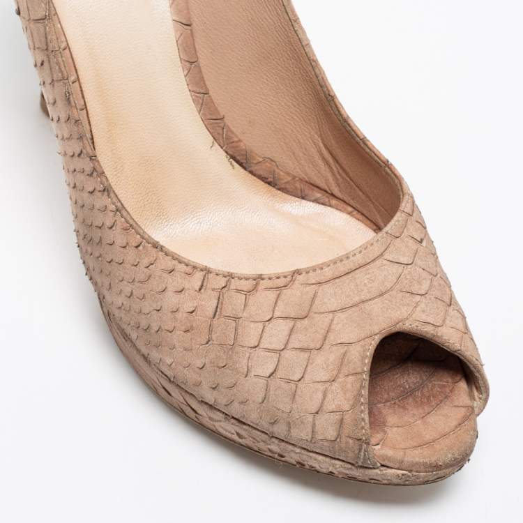 Pre Owned Dior Beige Python Embossed Leather Miss Dior Peep Toe Pumps Size 38.5