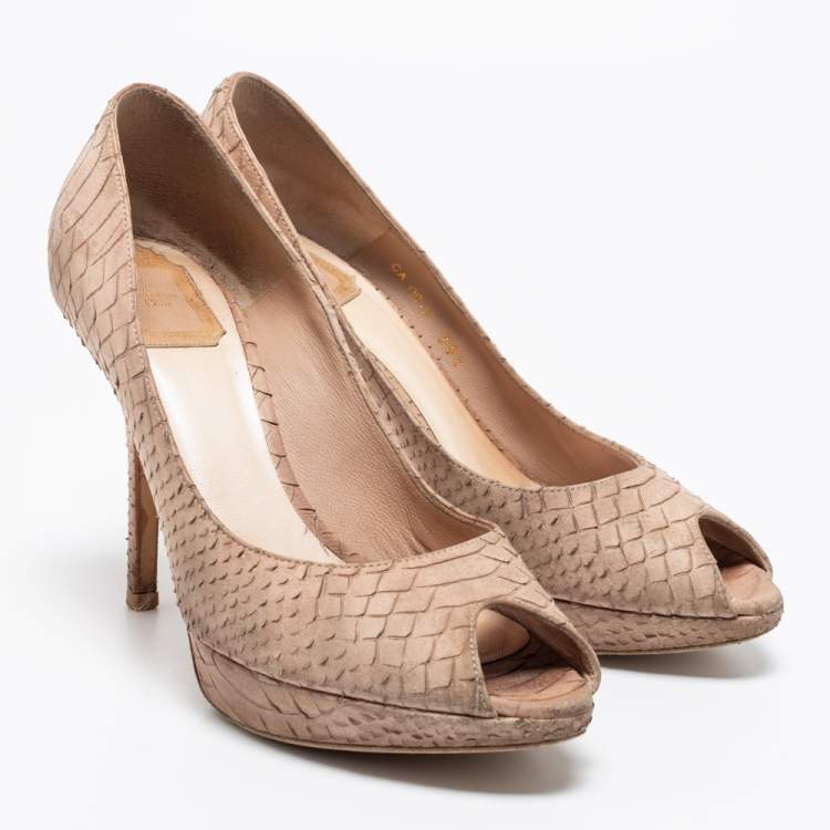 Pre Owned Dior Beige Python Embossed Leather Miss Dior Peep Toe Pumps Size 38.5