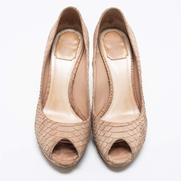 Pre Owned Dior Beige Python Embossed Leather Miss Dior Peep Toe Pumps Size 38.5