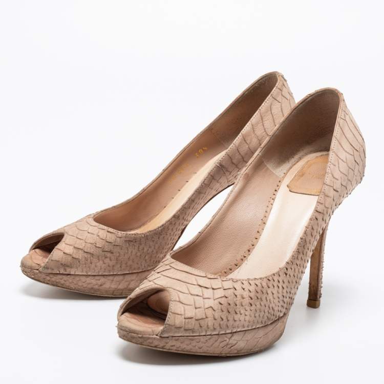 Pre Owned Dior Beige Python Embossed Leather Miss Dior Peep Toe Pumps Size 38.5