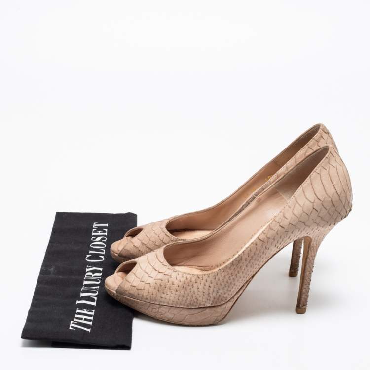 Pre Owned Dior Beige Python Embossed Leather Miss Dior Peep Toe Pumps Size 38.5
