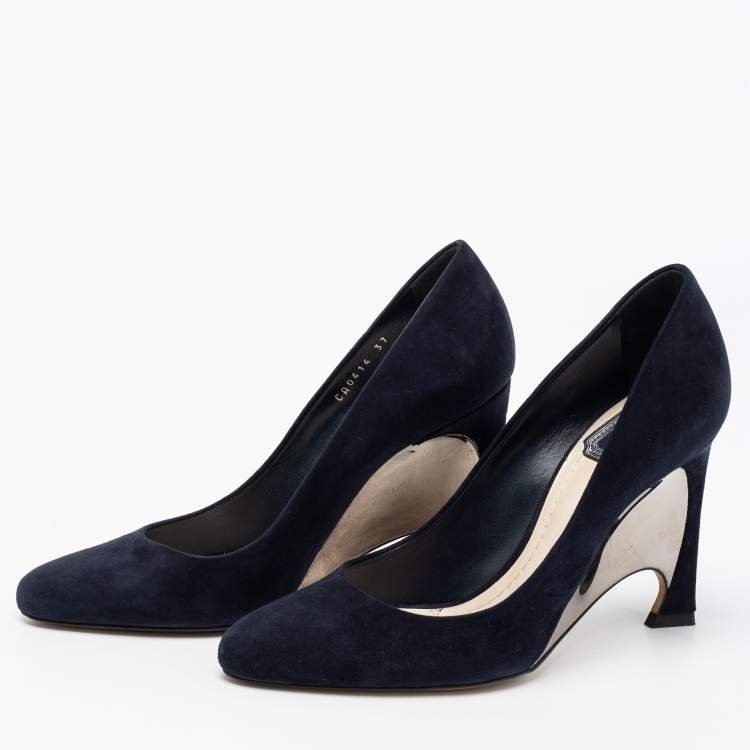 Pre Owned Dior Navy Blue Suede Optique Wedge Pumps Size 37