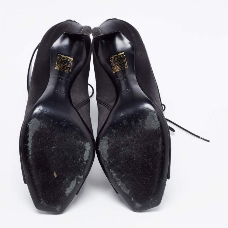 Pre Owned Dior Black Satin Peep-Toe Lace-Up Ankle Booties Size 38