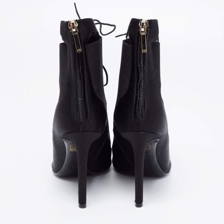 Pre Owned Dior Black Satin Peep-Toe Lace-Up Ankle Booties Size 38