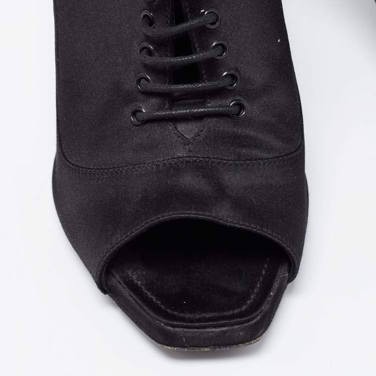 Pre Owned Dior Black Satin Peep-Toe Lace-Up Ankle Booties Size 38