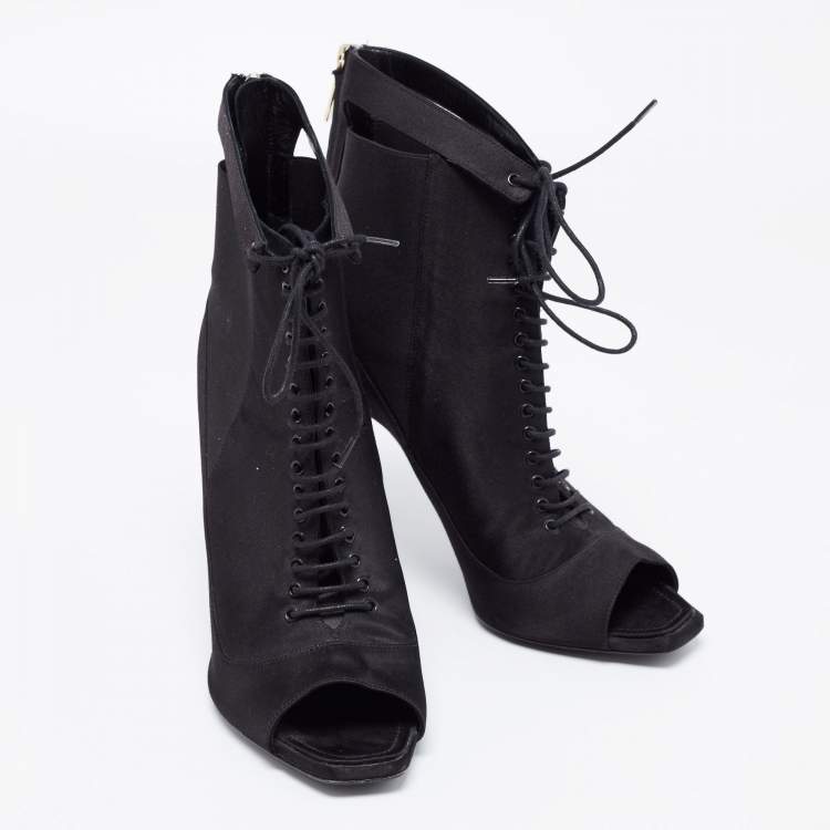 Pre Owned Dior Black Satin Peep-Toe Lace-Up Ankle Booties Size 38