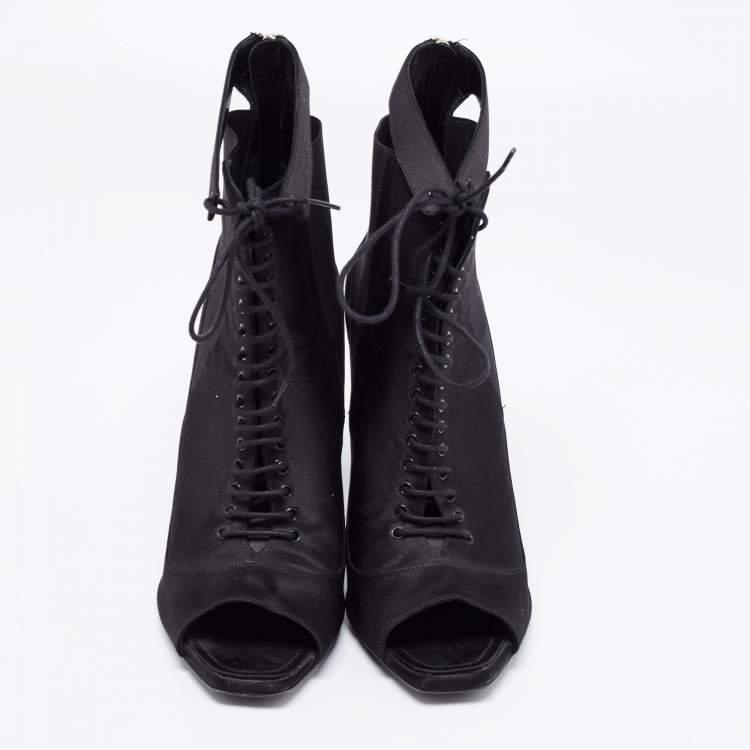 Pre Owned Dior Black Satin Peep-Toe Lace-Up Ankle Booties Size 38