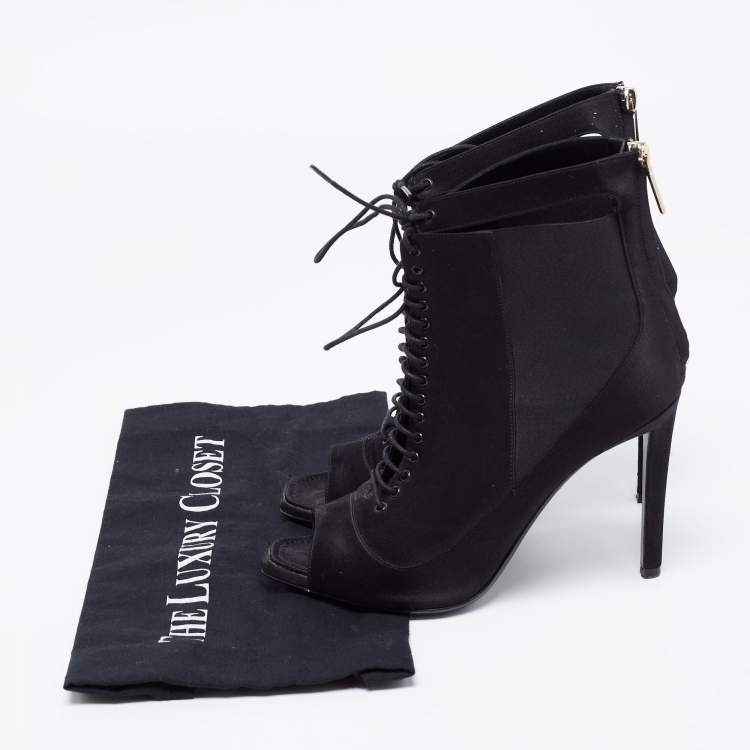 Pre Owned Dior Black Satin Peep-Toe Lace-Up Ankle Booties Size 38