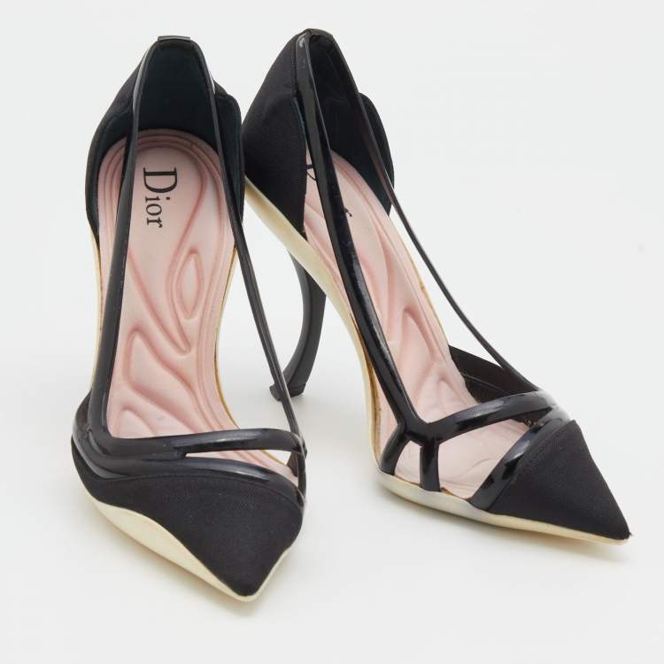 Pre Owned Dior Black Fabric And Patent Leather Pointed Toe Curved Heel Pumps Size 35.5