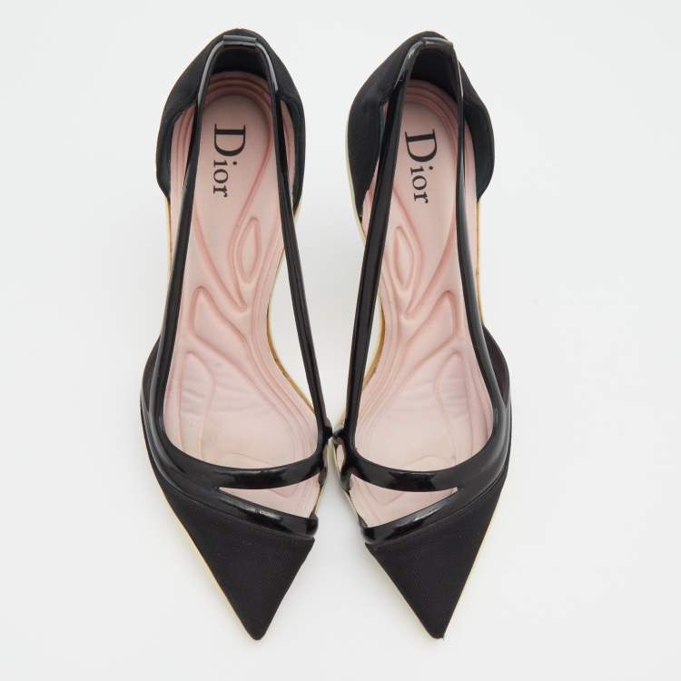 Pre Owned Dior Black Fabric And Patent Leather Pointed Toe Curved Heel Pumps Size 35.5