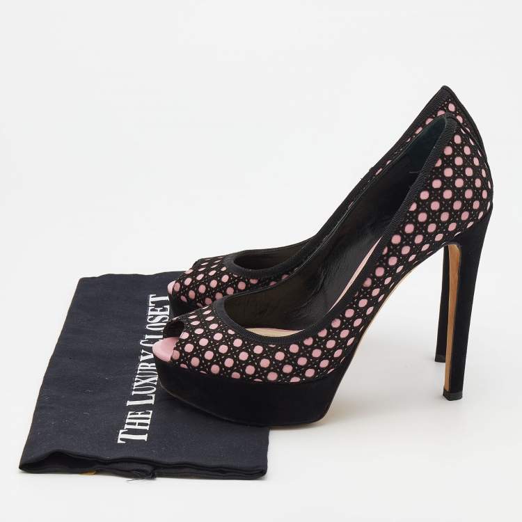 Pre Owned Dior Black/Pink Cannage Cutout Suede And Leather Peep Toe Platform Pumps Size 40