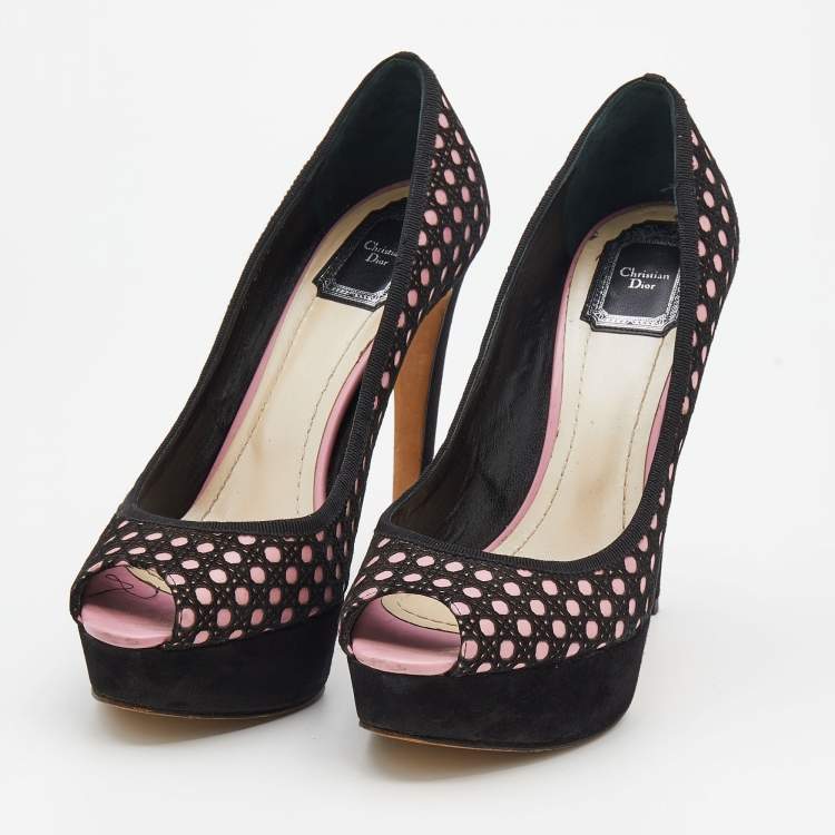 Pre Owned Dior Black/Pink Cannage Cutout Suede And Leather Peep Toe Platform Pumps Size 40