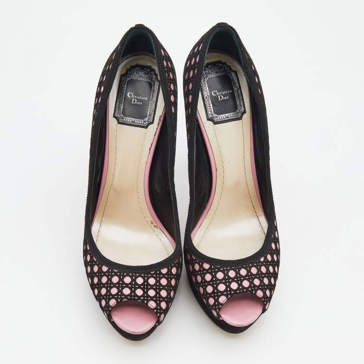 Pre Owned Dior Black/Pink Cannage Cutout Suede And Leather Peep Toe Platform Pumps Size 40