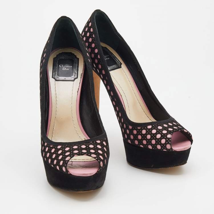 Pre Owned Dior Black/Pink Cannage Cutout Suede And Leather Peep Toe Platform Pumps Size 40